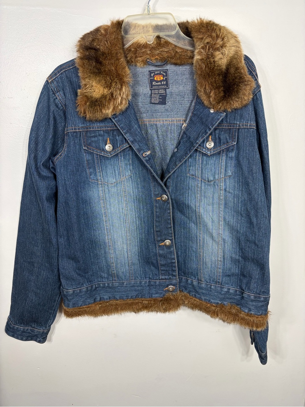 Vintage Route 66 Denim Jacket Faux Fur Collar Hem Y2K Trucker Jean Coat XL